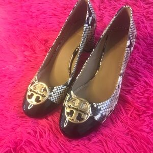 Tory Burch Snakeskin Heels with Gold Emblem